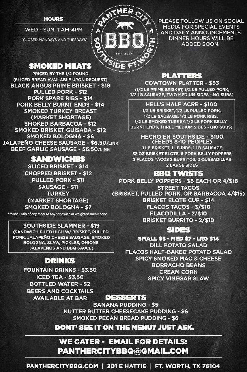 Panther City BBQ menu